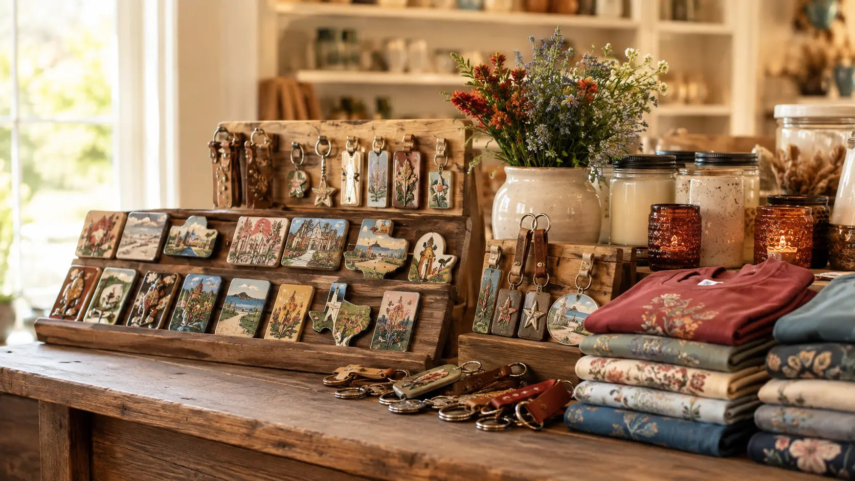 A warm boutique display of Fredericksburg gifts
